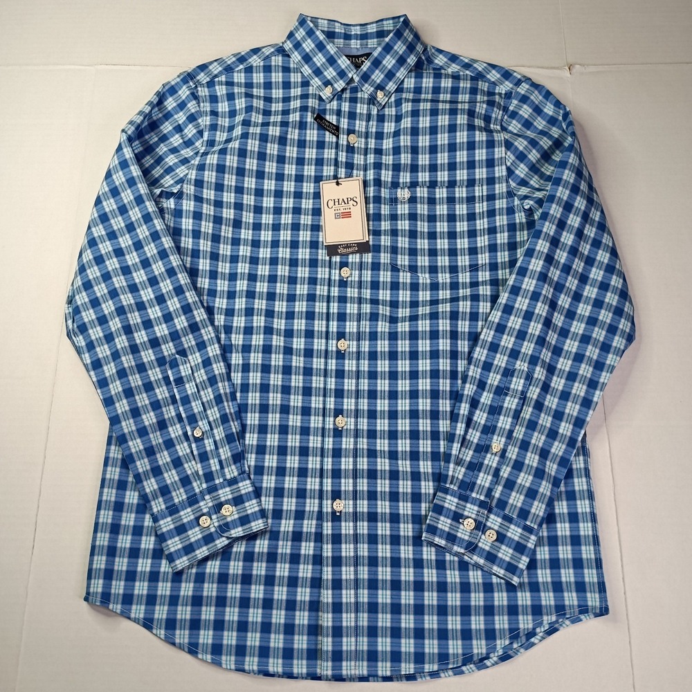 Chaps Easy Care‎ Woven Shirt Men's Size S Classic Blue Plaid Stretch Classic Fit